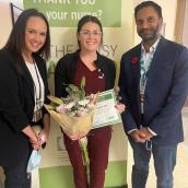 Photo of Terra Thibault, Director of Cancer Care Operations Central Zone, Taylor Gaudette, RN and DAISY Award Recipient, and Dr. Sudeep Shivakumar, Hematologist and Department Head