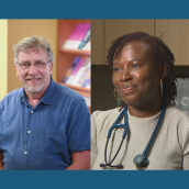 A man with grey hair and beard, wearing a short-sleeve, blue shirt is in a photo alongside a photo of a Black woman with a stethoscope around her neck and she is wearing a beige shirt.