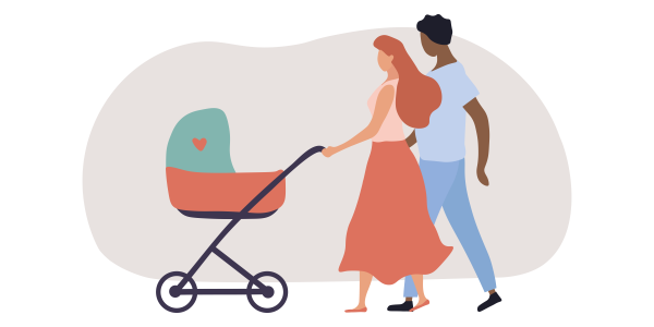 Parents walking child in stroller