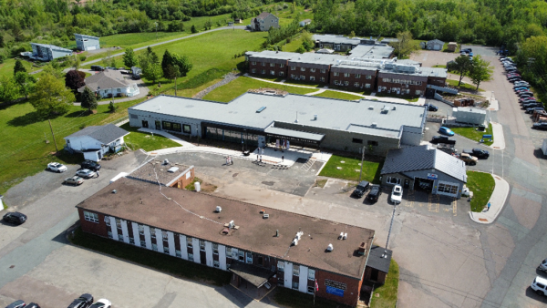 Aerial view of the former North Cumberland Memorial Hospital with new North Cumberland Health Care Centre.