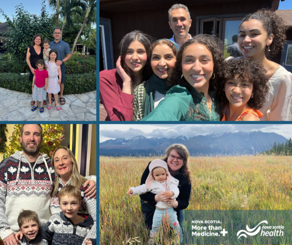 Top left: Dr. Stephanie Scott and family  Top right: Dr. Abir Hussein and family  Bottom left: Dr. Andrea Faryniuk and family Bottom right: Dr. Alison Freeman and her daughter